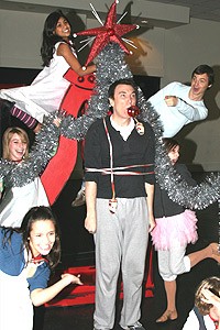Photo Op - Grinch rehearsal 2007 - Patrick Page (tied up as Xmas tree)